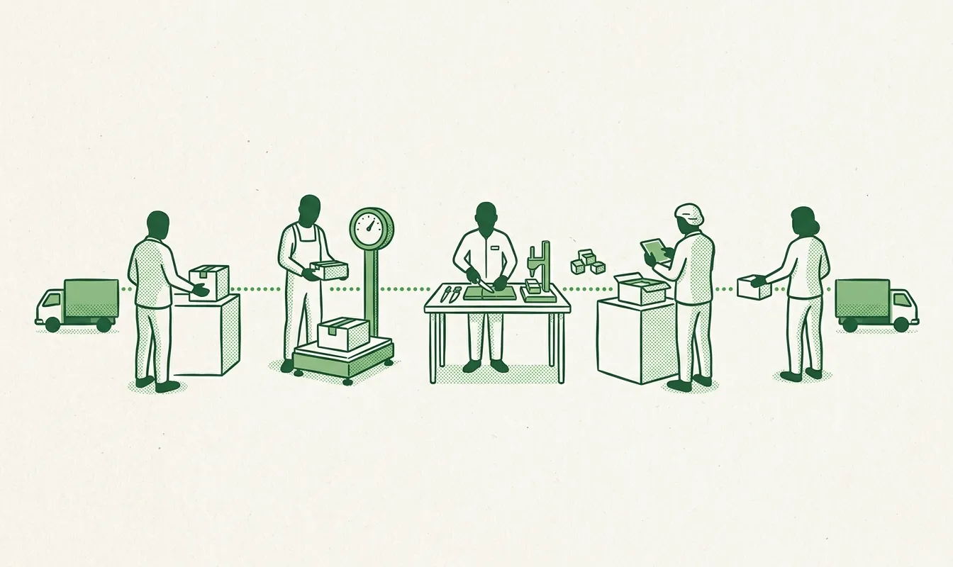 Ilustración de un flujo de planta con las etapas de recepción, producción, división, empaque y despacho